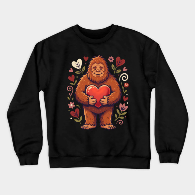 Cute Bigfoot Holding Heart Crewneck Sweatshirt by Creatifly Graphic Tees