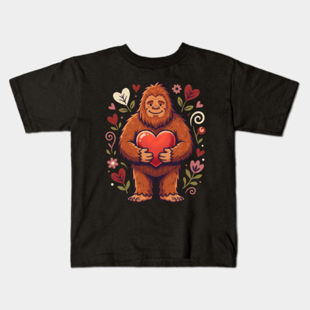 Cute Bigfoot Holding Heart Kids T-Shirt by Creatifly Graphic Tees