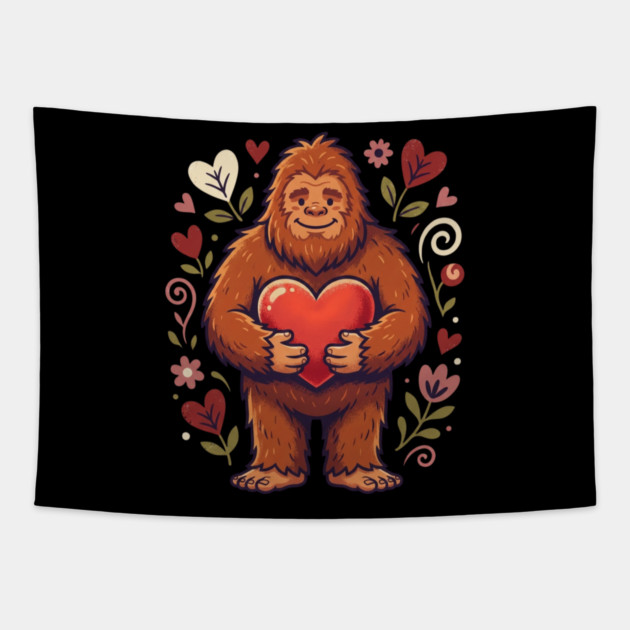Cute Bigfoot Holding Heart Tapestry by Creatifly Graphic Tees