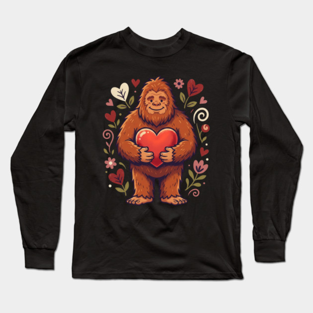 Cute Bigfoot Holding Heart Long Sleeve T-Shirt by Creatifly Graphic Tees