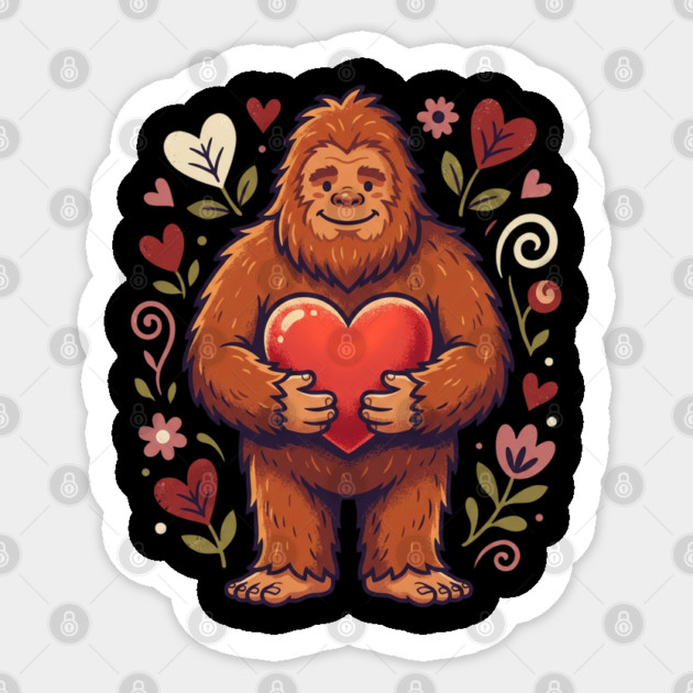 Cute Bigfoot Holding Heart Sticker by Creatifly Graphic Tees