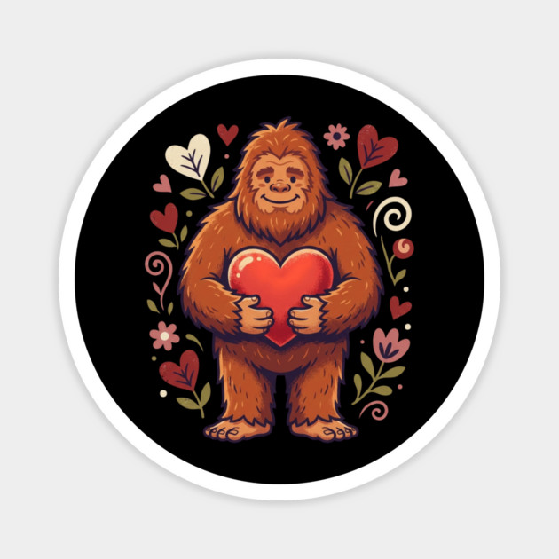 Cute Bigfoot Holding Heart Magnet by Creatifly Graphic Tees