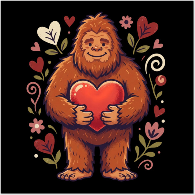 Cute Bigfoot Holding Heart Wall Art by Creatifly Graphic Tees