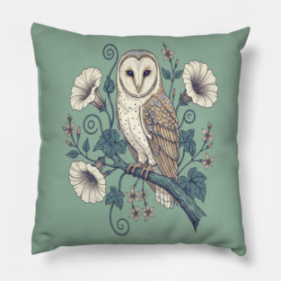 Vintage Barn Owl Botanical Night Art Pillow