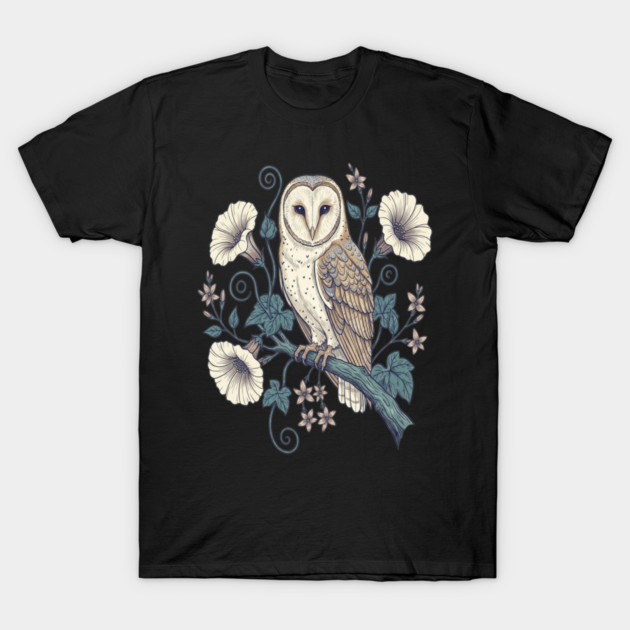 Vintage Barn Owl Botanical Night Art T-Shirt by BirdsnStuff