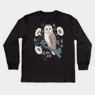 Vintage Barn Owl Botanical Night Art Kids Long Sleeve T-Shirt