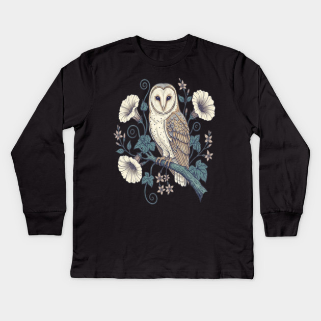 Vintage Barn Owl Botanical Night Art Kids Long Sleeve T-Shirt by BirdsnStuff