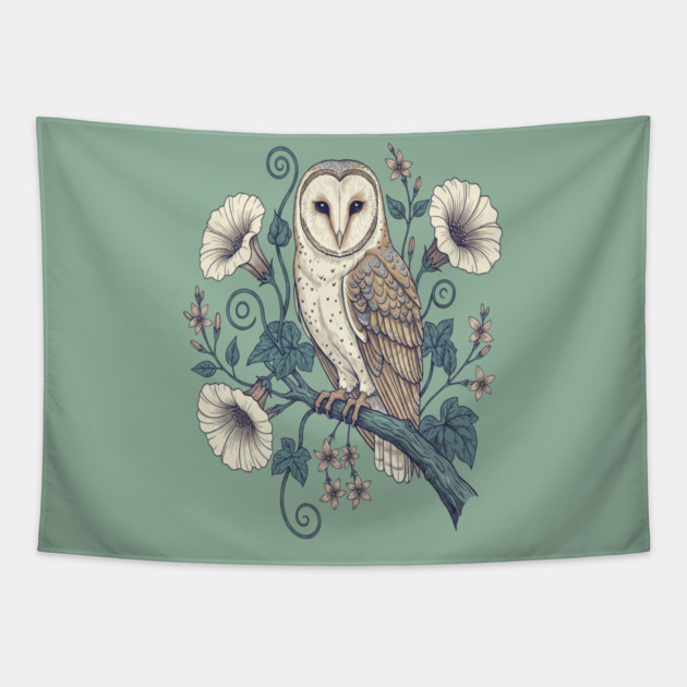 Vintage Barn Owl Botanical Night Art Tapestry by BirdsnStuff