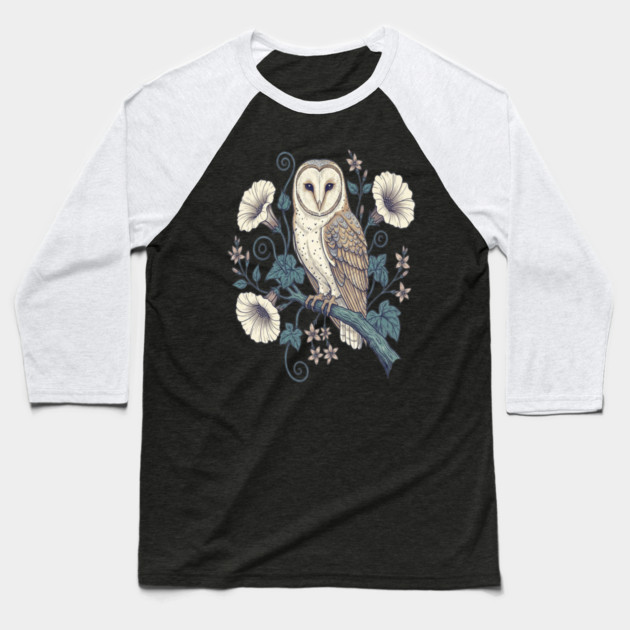 Vintage Barn Owl Botanical Night Art Baseball T-Shirt by BirdsnStuff
