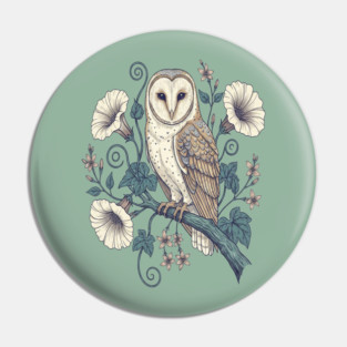 Vintage Barn Owl Botanical Night Art Pin