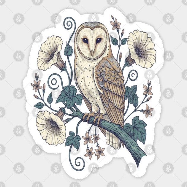 Vintage Barn Owl Botanical Night Art Sticker by BirdsnStuff