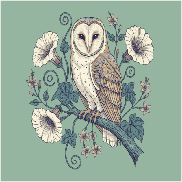 Vintage Barn Owl Botanical Night Art Wall Art by BirdsnStuff