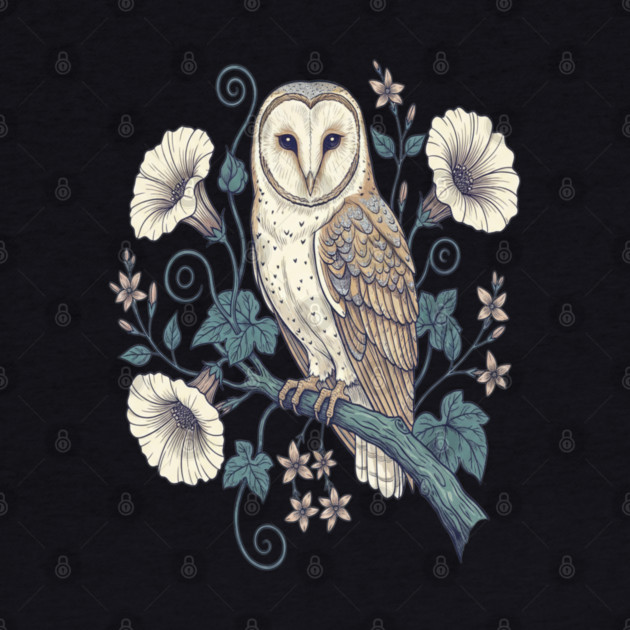 Vintage Barn Owl Botanical Night Art by BirdsnStuff