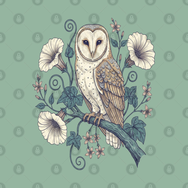 Vintage Barn Owl Botanical Night Art by BirdsnStuff