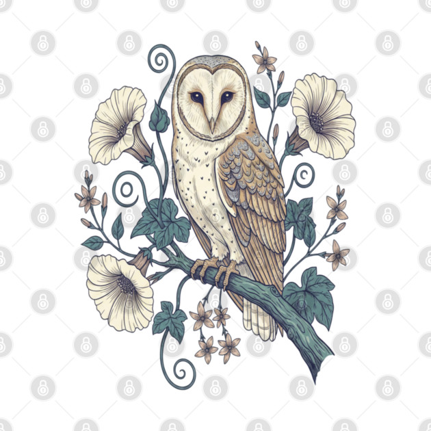 Vintage Barn Owl Botanical Night Art by BirdsnStuff