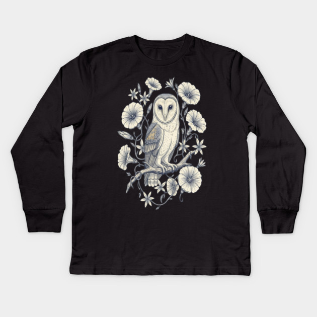 Vintage Barn Owl Night Botanical Art Kids Long Sleeve T-Shirt by BirdsnStuff