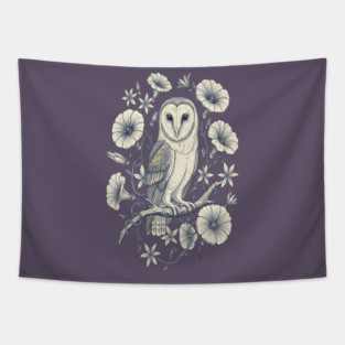 Vintage Barn Owl Night Botanical Art Tapestry