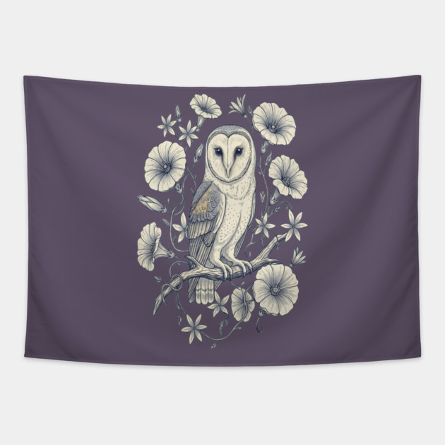 Vintage Barn Owl Night Botanical Art Tapestry by BirdsnStuff