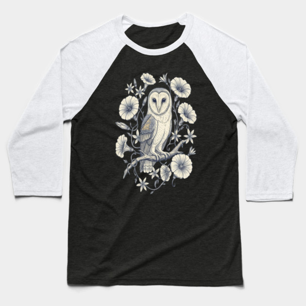 Vintage Barn Owl Night Botanical Art Baseball T-Shirt by BirdsnStuff