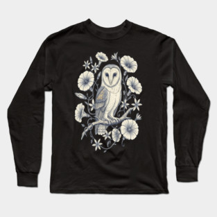 Vintage Barn Owl Night Botanical Art Long Sleeve T-Shirt