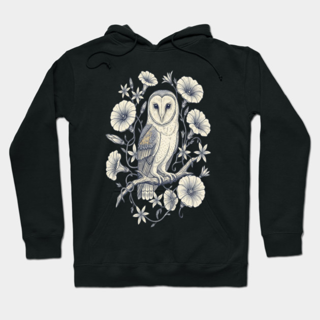 Vintage Barn Owl Night Botanical Art Hoodie by BirdsnStuff