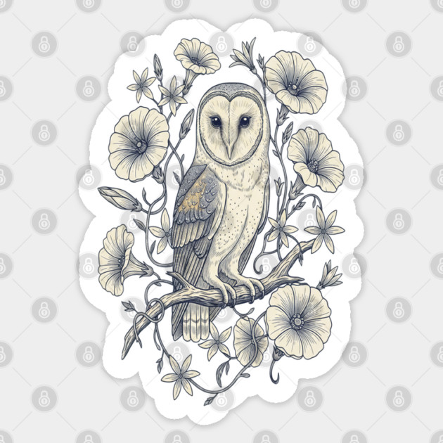 Vintage Barn Owl Night Botanical Art Sticker by BirdsnStuff