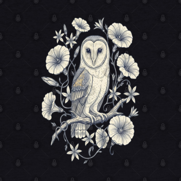 Vintage Barn Owl Night Botanical Art by BirdsnStuff