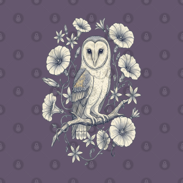 Vintage Barn Owl Night Botanical Art by BirdsnStuff