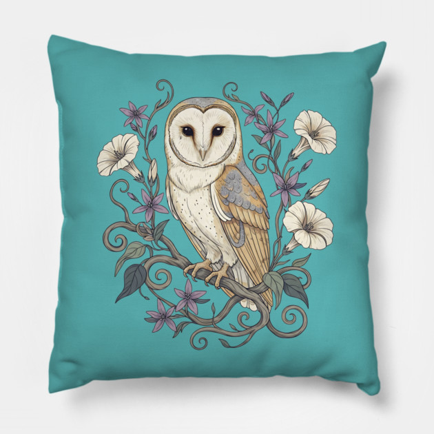 Vintage Barn Owl with Nocturnal Moonflowers Illustration Pillow by BirdsnStuff