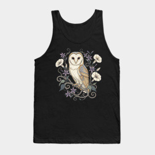 Vintage Barn Owl with Nocturnal Moonflowers Illustration Tank Top
