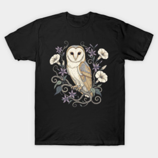 Vintage Barn Owl with Nocturnal Moonflowers Illustration T-Shirt