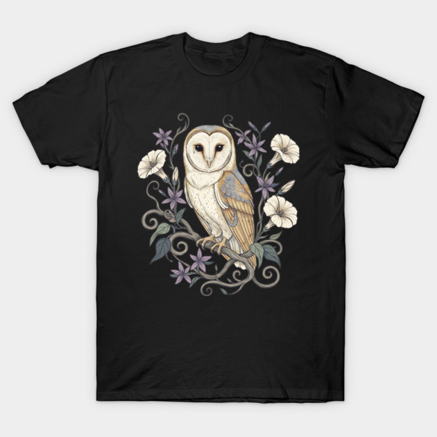 Vintage Barn Owl with Nocturnal Moonflowers Illustration T-Shirt by BirdsnStuff