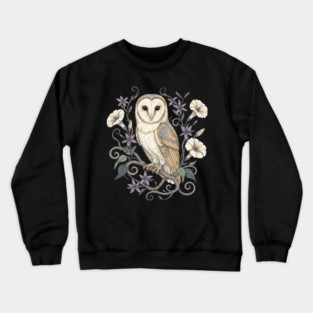 Vintage Barn Owl with Nocturnal Moonflowers Illustration Crewneck Sweatshirt