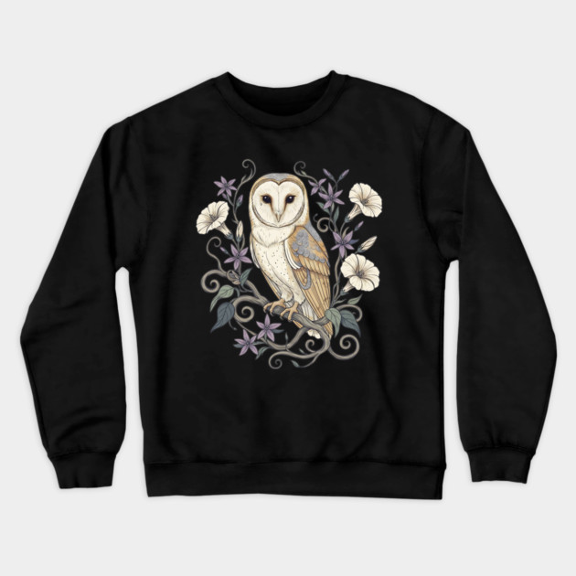 Vintage Barn Owl with Nocturnal Moonflowers Illustration Crewneck Sweatshirt by BirdsnStuff
