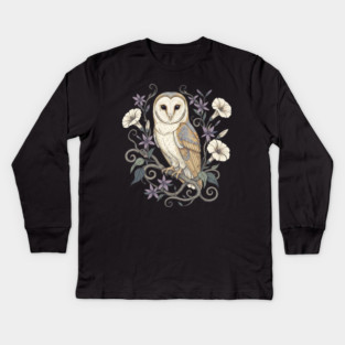 Vintage Barn Owl with Nocturnal Moonflowers Illustration Kids Long Sleeve T-Shirt