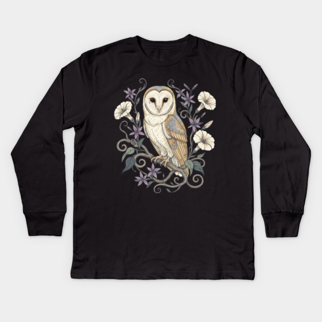 Vintage Barn Owl with Nocturnal Moonflowers Illustration Kids Long Sleeve T-Shirt by BirdsnStuff