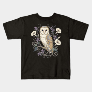Vintage Barn Owl with Nocturnal Moonflowers Illustration Kids T-Shirt