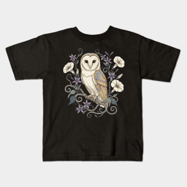 Vintage Barn Owl with Nocturnal Moonflowers Illustration Kids T-Shirt by BirdsnStuff