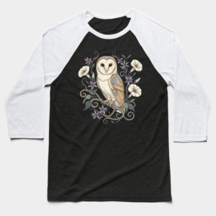 Vintage Barn Owl with Nocturnal Moonflowers Illustration Baseball T-Shirt