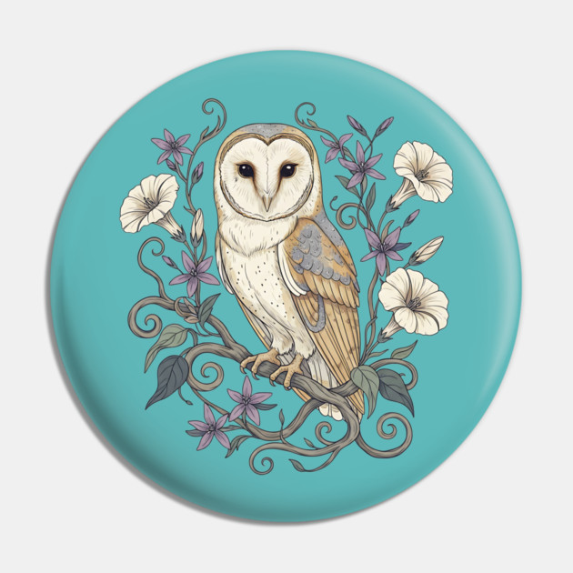 Vintage Barn Owl with Nocturnal Moonflowers Illustration Pin by BirdsnStuff