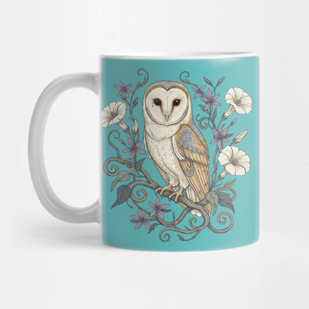 Vintage Barn Owl with Nocturnal Moonflowers Illustration by BirdsnStuff