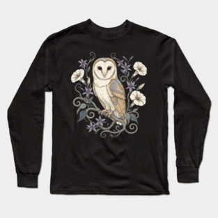 Vintage Barn Owl with Nocturnal Moonflowers Illustration Long Sleeve T-Shirt