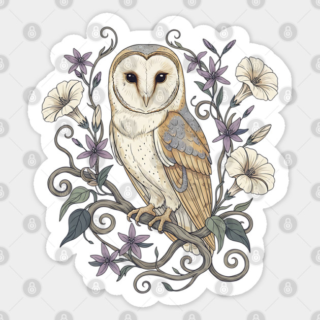 Vintage Barn Owl with Nocturnal Moonflowers Illustration Sticker by BirdsnStuff