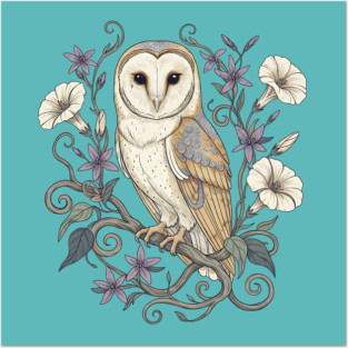 Vintage Barn Owl with Nocturnal Moonflowers Illustration Posters and Art