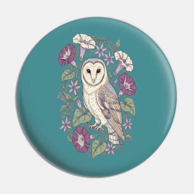 Classic Barn Owl Botanical Art Pin by BirdsnStuff