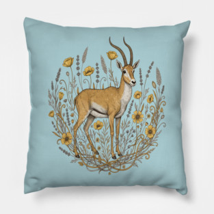 Vintage Saiga Antelope Botanical Wildlife Illustration Pillow