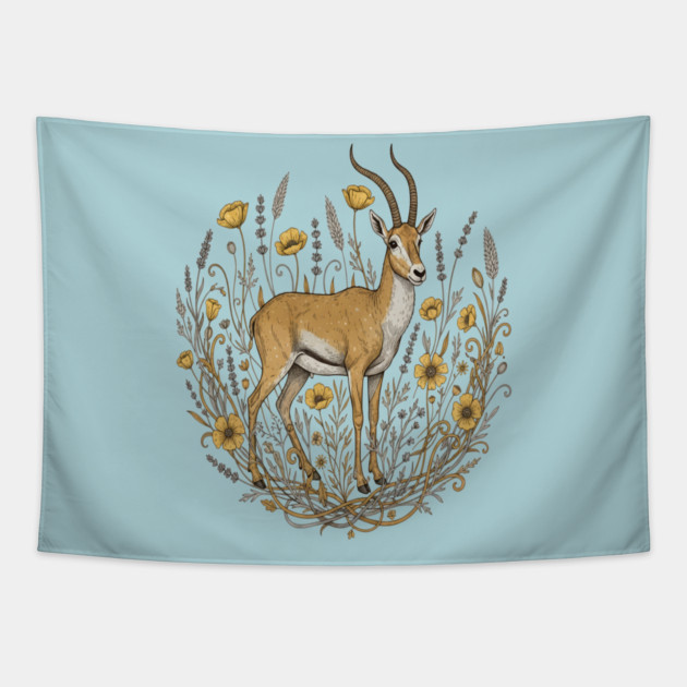 Vintage Saiga Antelope Botanical Wildlife Illustration Tapestry by BirdsnStuff