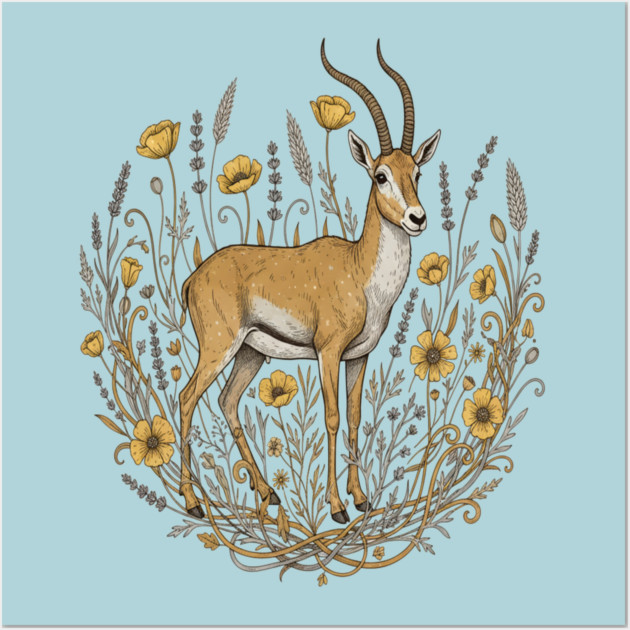 Vintage Saiga Antelope Botanical Wildlife Illustration Wall Art by BirdsnStuff