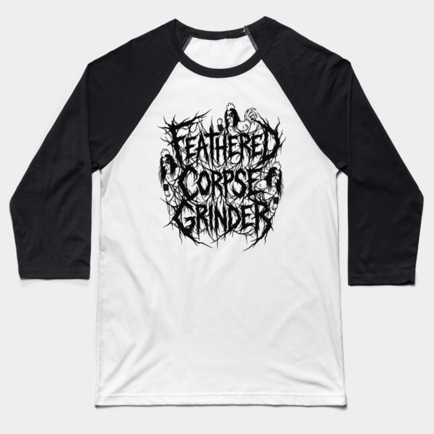 Feathered Corpse Grinder – Chicken Death Metal Logo Baseball T-Shirt by Designed By Marty