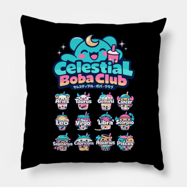 Celestial Boba Club – Kawaii Zodiac Vaporwave Pillow by Designed By Marty